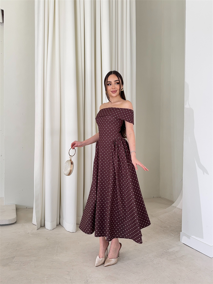 Madonna Yaka Puantiyeli Yandan Pileli Midi Boy Kahverengi Helena Kadın Elbise 26Y137