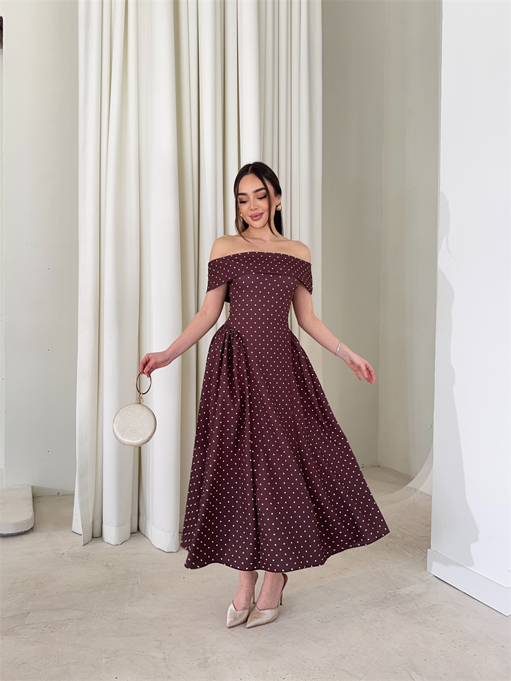 Madonna Yaka Puantiyeli Yandan Pileli Midi Boy Kahverengi Helena Kadın Elbise 26Y137