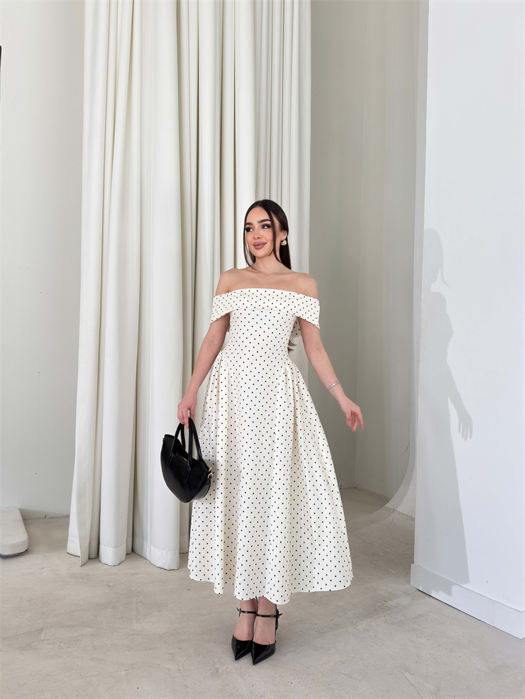 Madonna Yaka Puantiyeli Yandan Pileli Midi Boy Krem Helena Kadın Elbise 26Y137