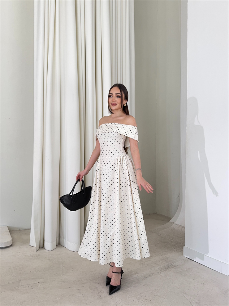 Madonna Yaka Puantiyeli Yandan Pileli Midi Boy Krem Helena Kadın Elbise 26Y137