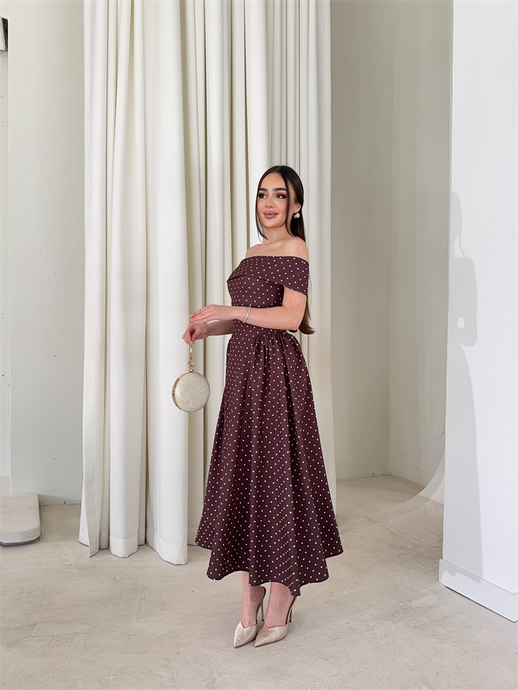 Madonna Yaka Puantiyeli Yandan Pileli Midi Boy Kahverengi Helena Kadın Elbise 26Y137