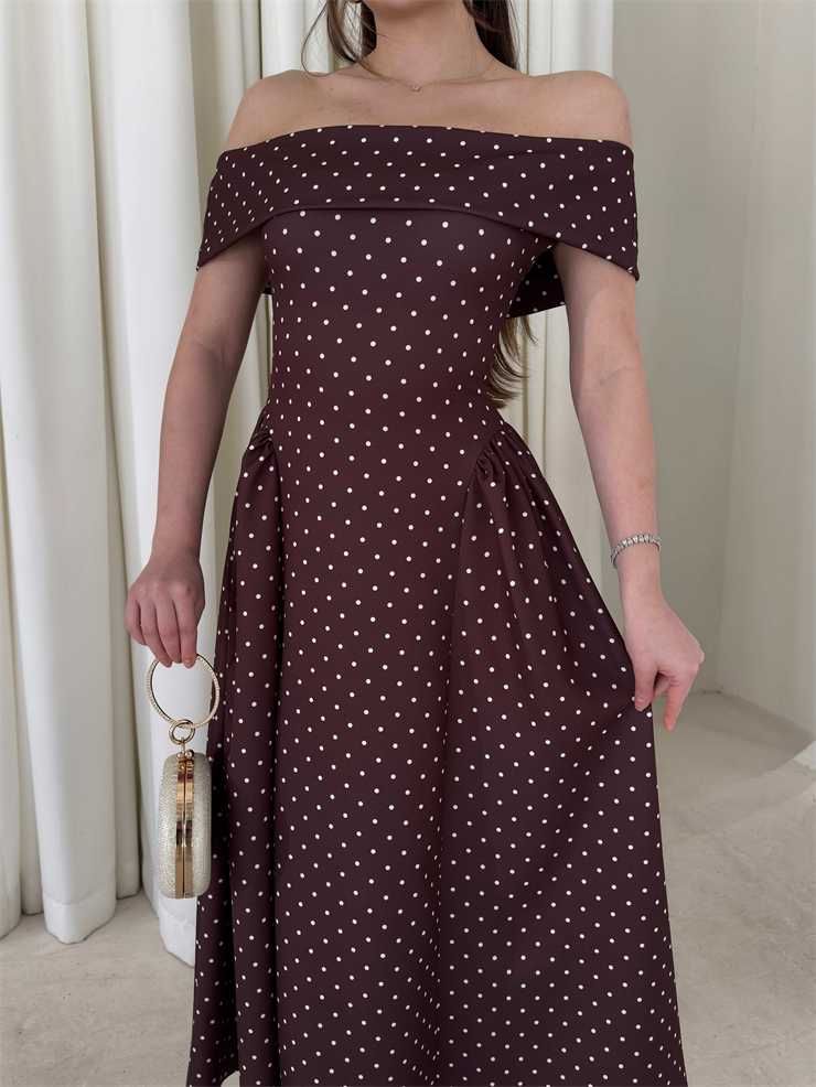 Madonna Yaka Puantiyeli Yandan Pileli Midi Boy Kahverengi Helena Kadın Elbise 26Y137