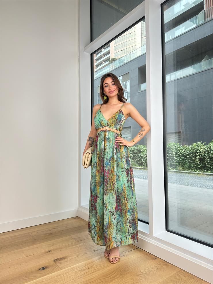 Askılı V Yaka Beli Pencere Ve Aksesuarlı Helgı Kadın Renkli Desenli Elbise 24Y608