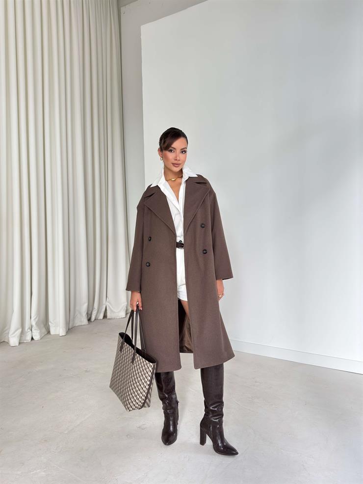 Düşük Omuz Kruvaze Yaka Helida Kahve Kadın Kaban 26K193