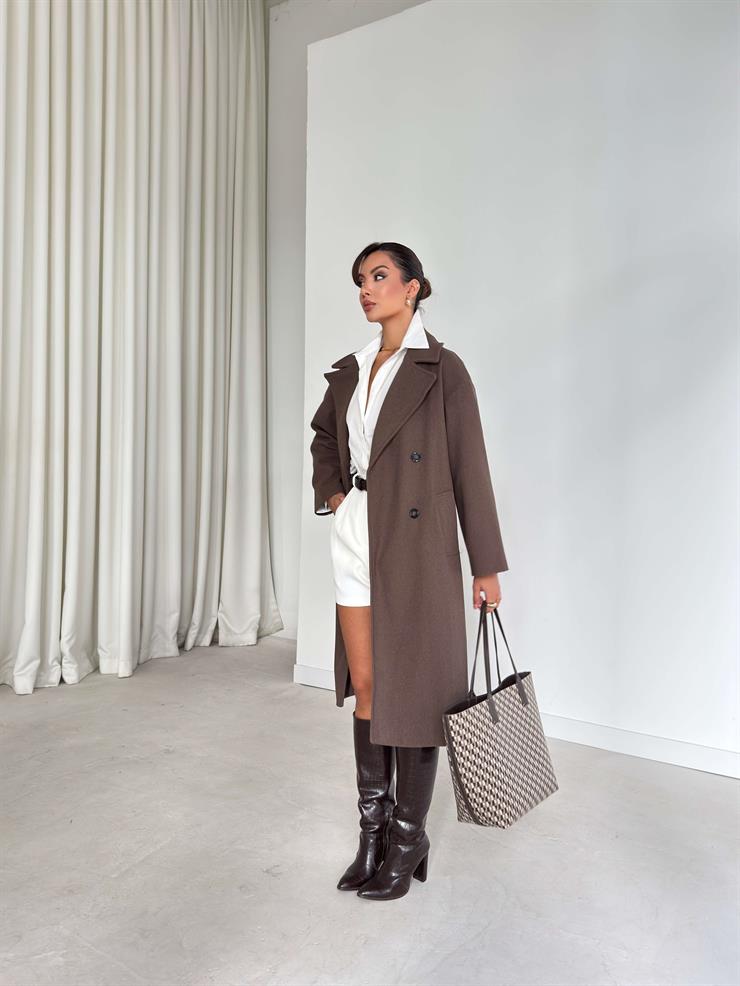 Düşük Omuz Kruvaze Yaka Helida Kahve Kadın Kaban 26K193