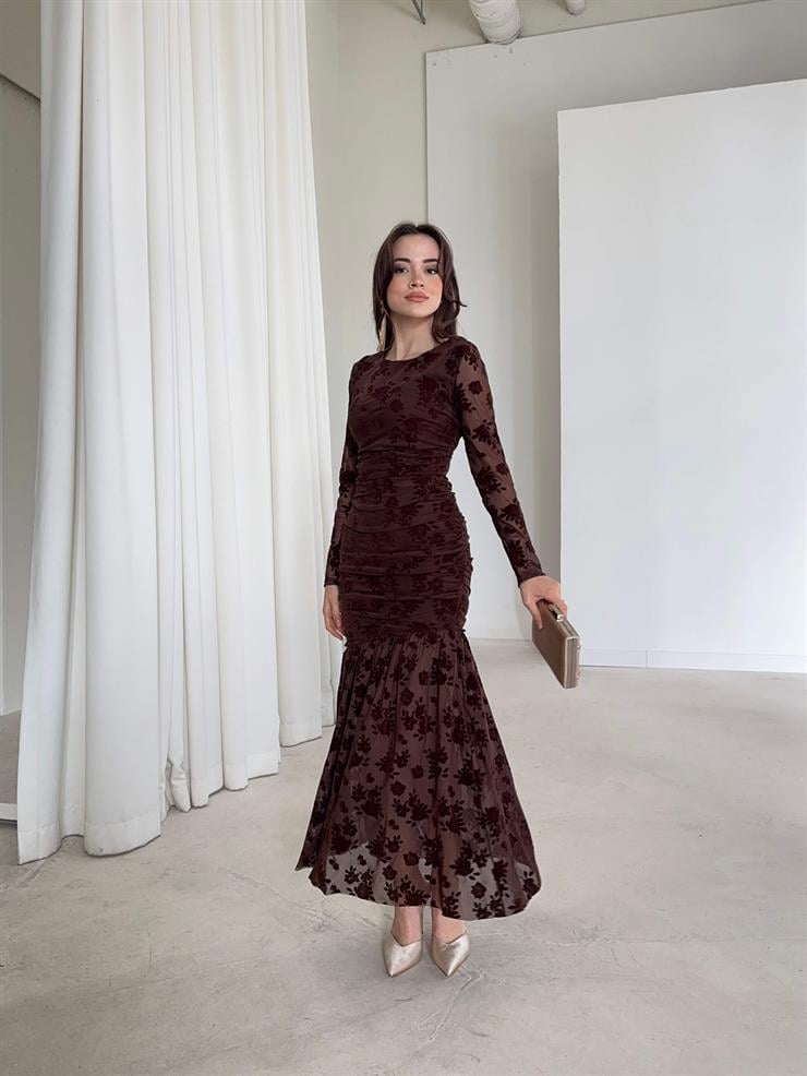 Desenli Tül Drapeli Helnor Kahve Kadın Elbise 26K378