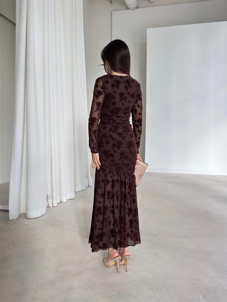 Desenli Tül Drapeli Helnor Kahve Kadın Elbise 26K378