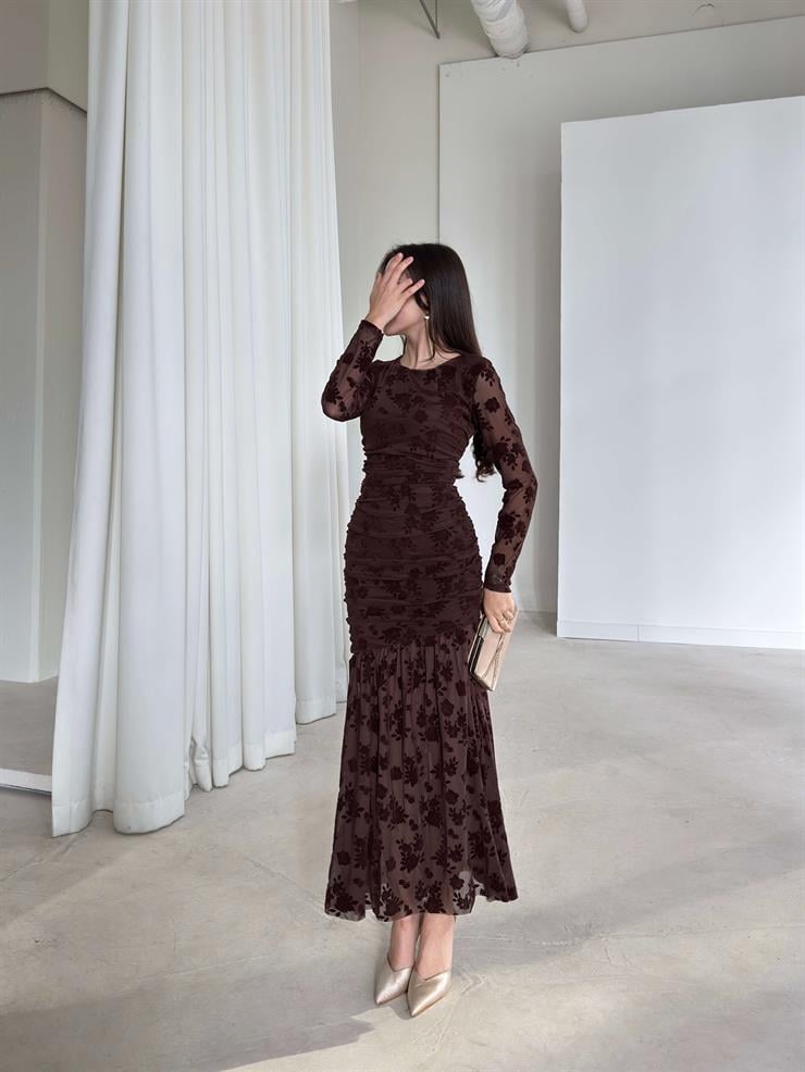 Desenli Tül Drapeli Helnor Kahve Kadın Elbise 26K378