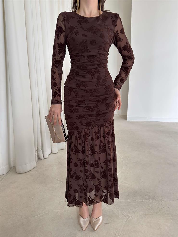 Desenli Tül Drapeli Helnor Kahve Kadın Elbise 26K378