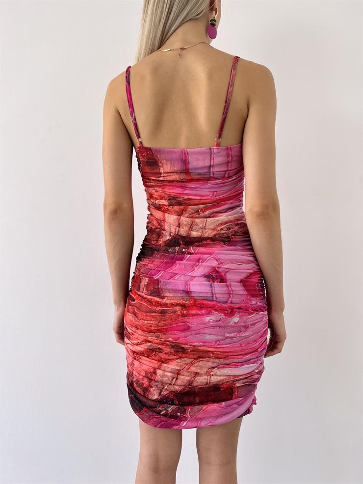 İnce Ayarlanabilirr Askılı Drape Detaylı Heloisa Kadın Desenli Pembe Mini Elbise 23Y000506