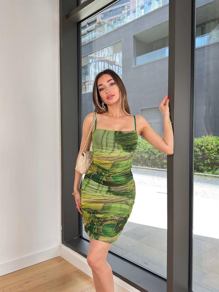 Ayarlanabilir Askılı Drapeli Heloisa Kadın Desenli Yeşil Mini Elbise 23Y000506