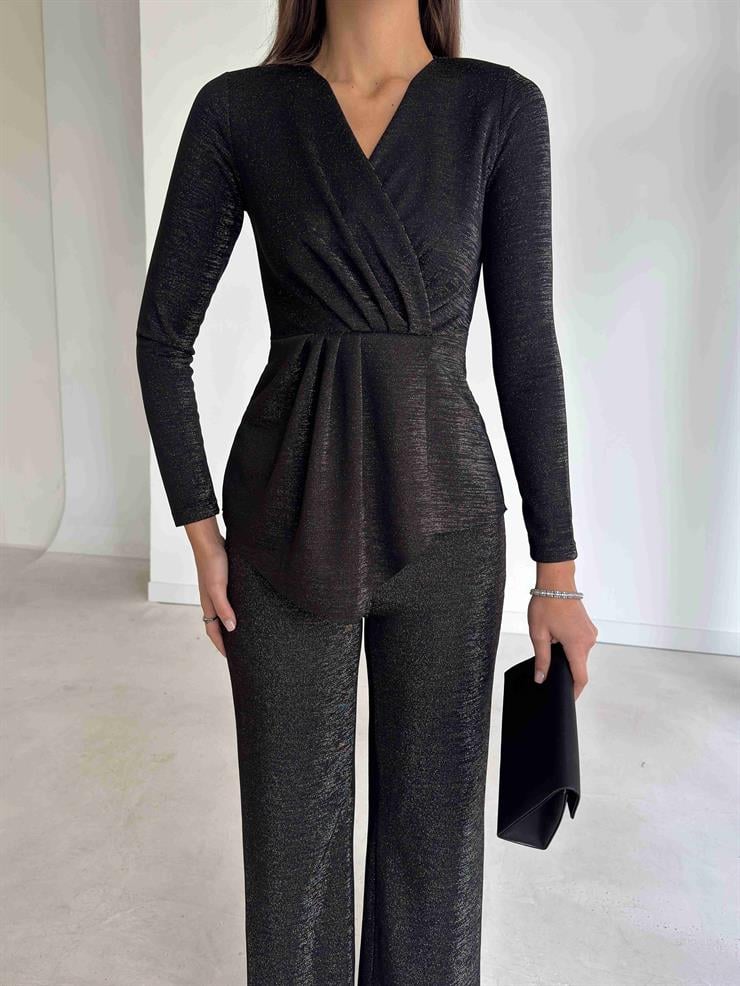 Parlak Kruvaze Yaka Drapeli Helre Siyah Kadın İkili Takım 26K297