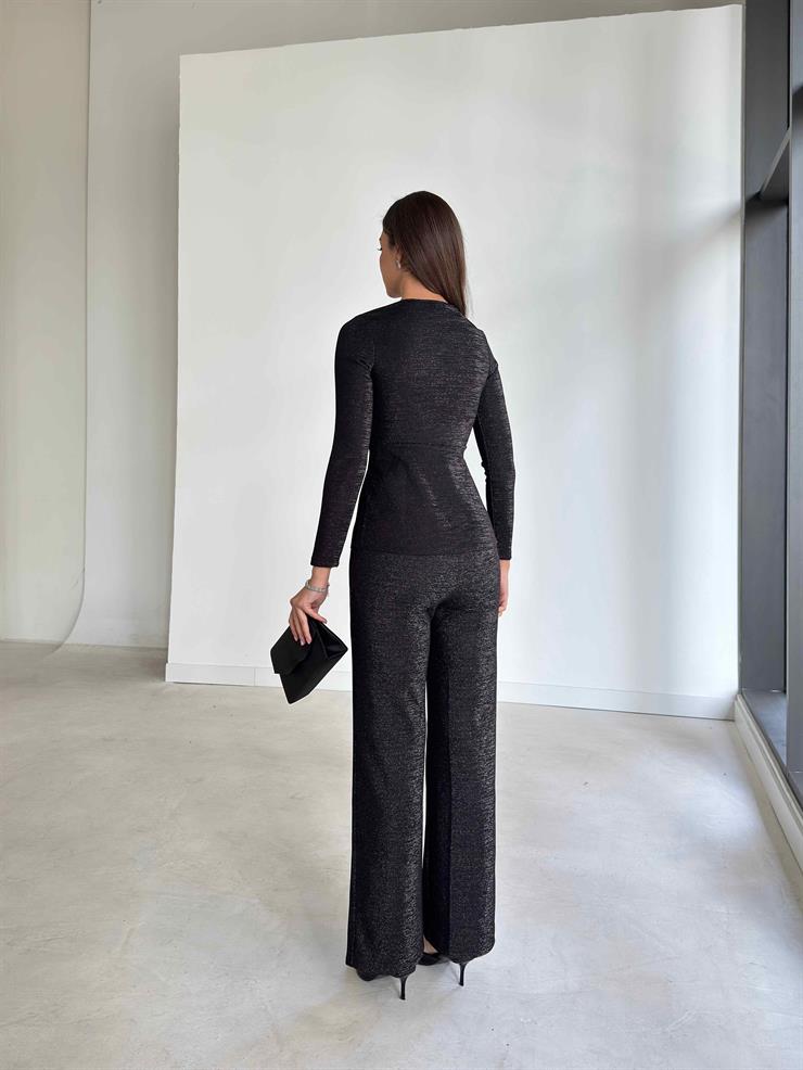 Parlak Kruvaze Yaka Drapeli Helre Siyah Kadın İkili Takım 26K297