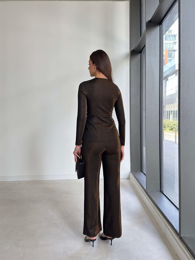 Parlak Kruvaze Yaka Drapeli Helre Bakır Kadın İkili Takım 26K297