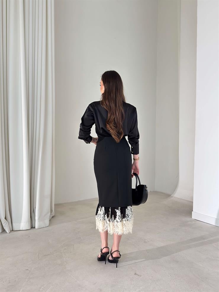 Altı Dantel Yüksek Bel Detaylı Helrin Siyah Kadın Etek 26Y008