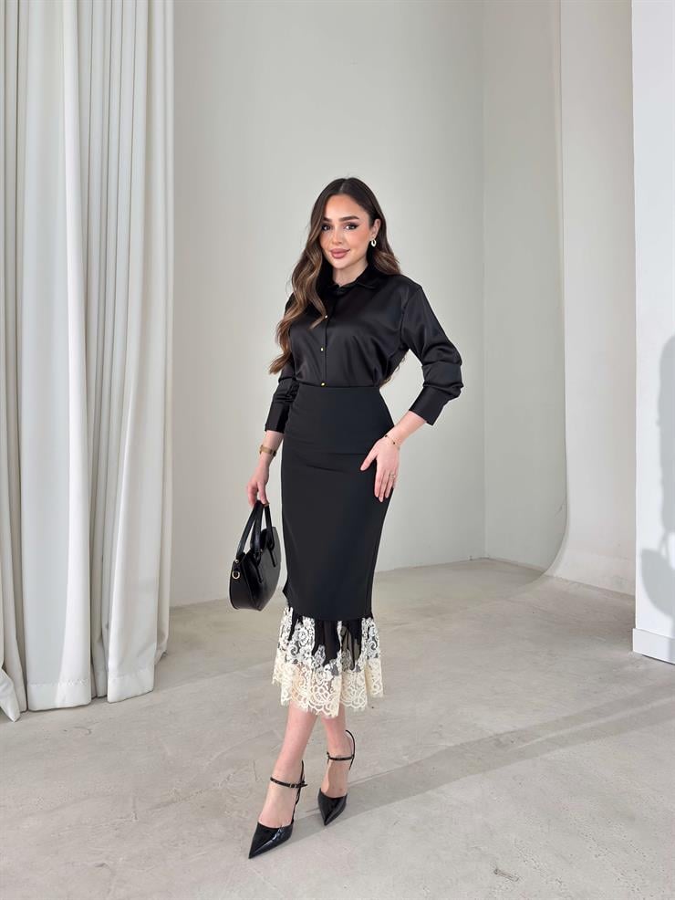 Altı Dantel Yüksek Bel Detaylı Helrin Siyah Kadın Etek 26Y008