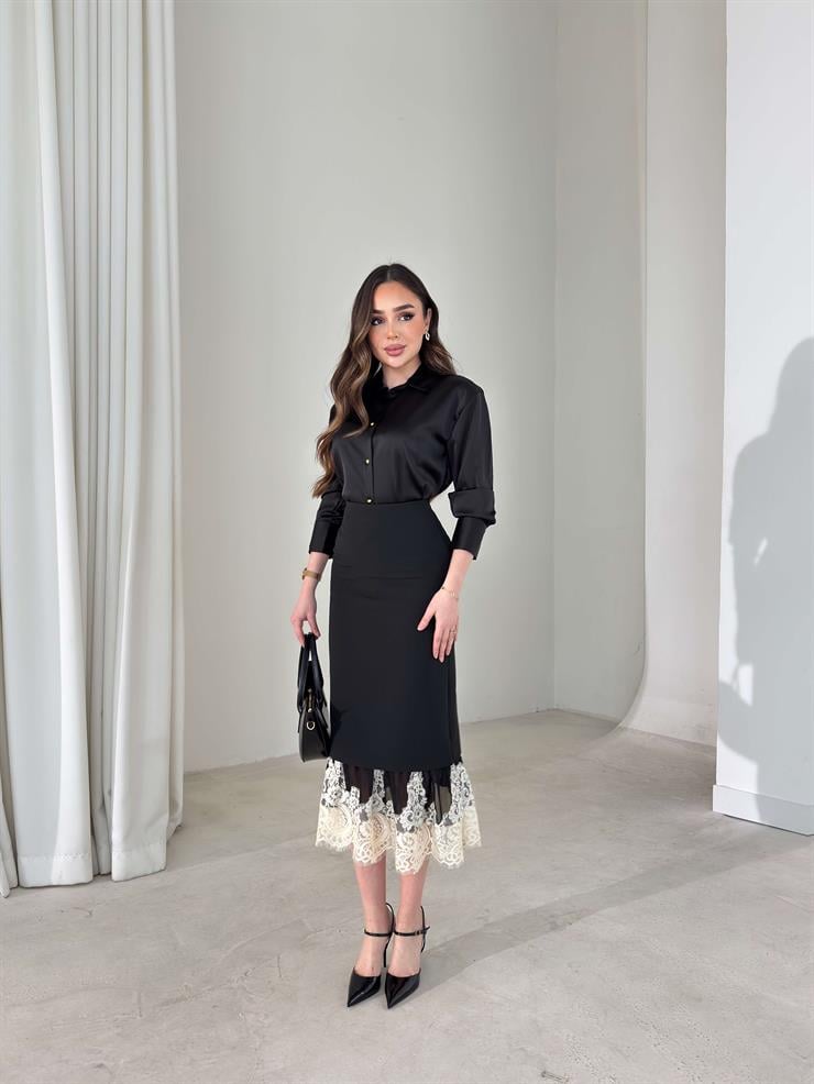 Altı Dantel Yüksek Bel Detaylı Helrin Siyah Kadın Etek 26Y008