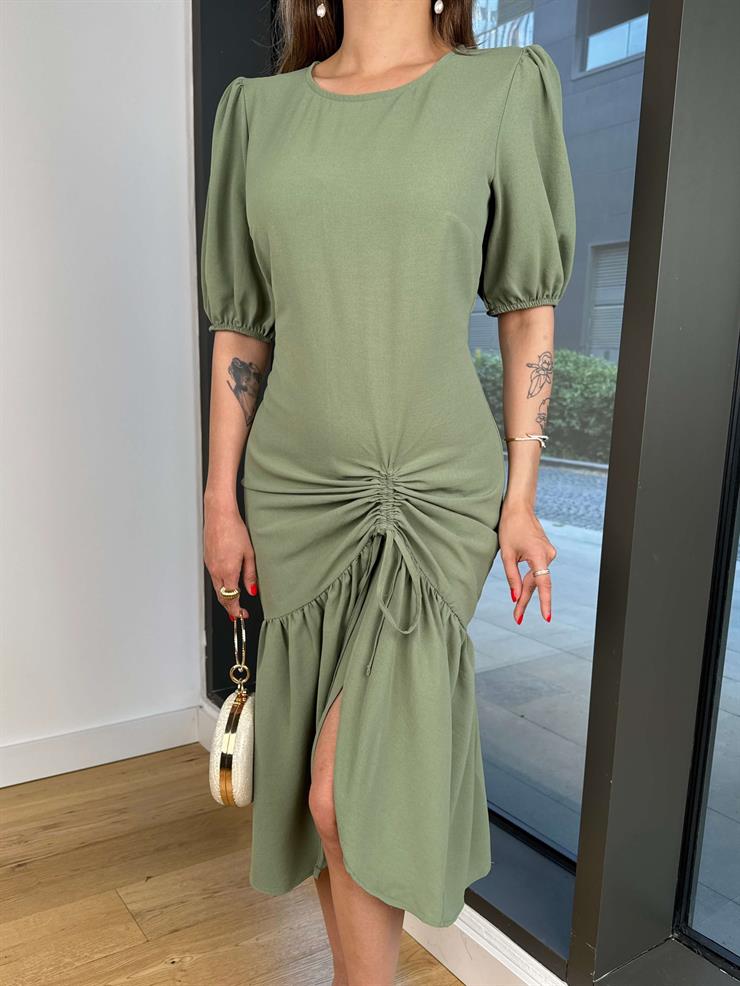 Yarım Kol Eteği Büzgülü Helrolda Haki Kadın Elbise 25Y411