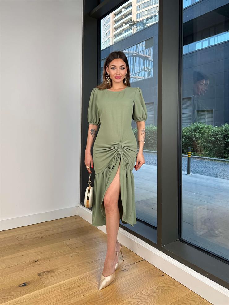 Yarım Kol Eteği Büzgülü Helrolda Haki Kadın Elbise 25Y411