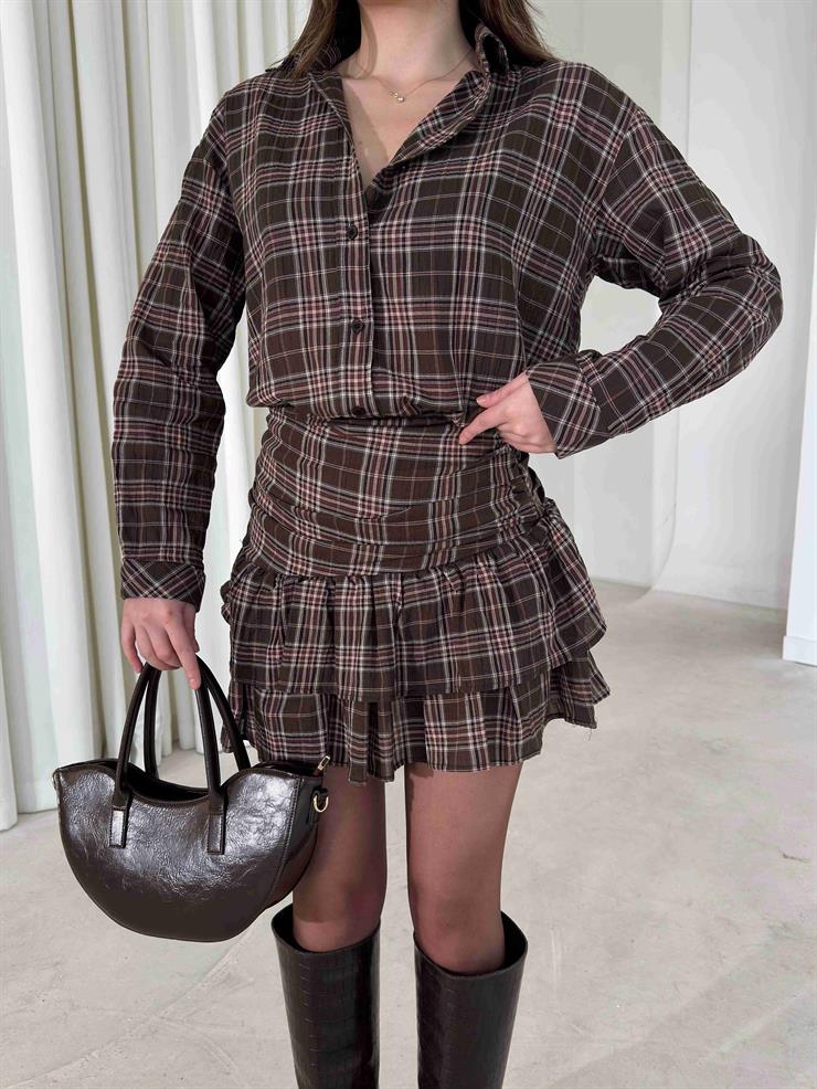 Desenli Önü Düğmeli Helronda Kahve Kadın Gömlek 26K420