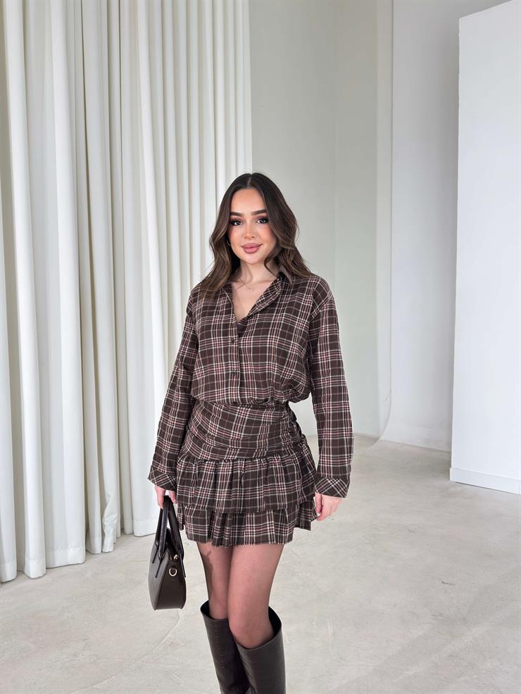 Desenli Önü Düğmeli Helronda Kahve Kadın Gömlek 26K420