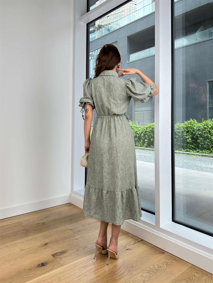 Kısa Balon Kol Önü Düğme Kapamalı Belden Bağcıklı Henda Kadın Mint Midi Elbise 24Y481