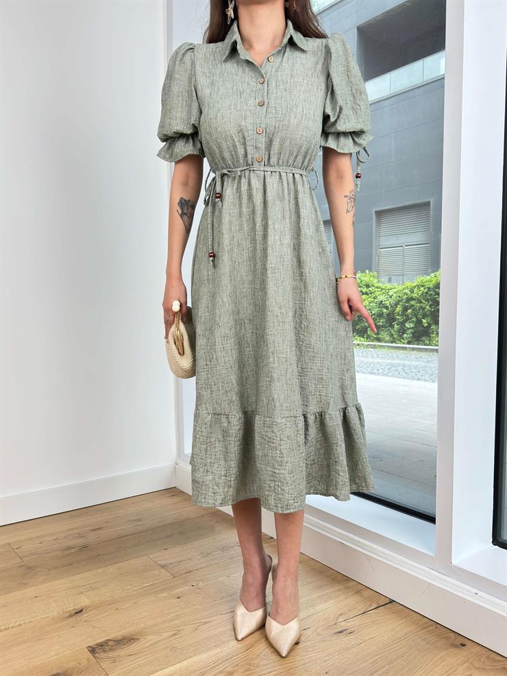 Kısa Balon Kol Önü Düğme Kapamalı Belden Bağcıklı Henda Kadın Mint Midi Elbise 24Y481