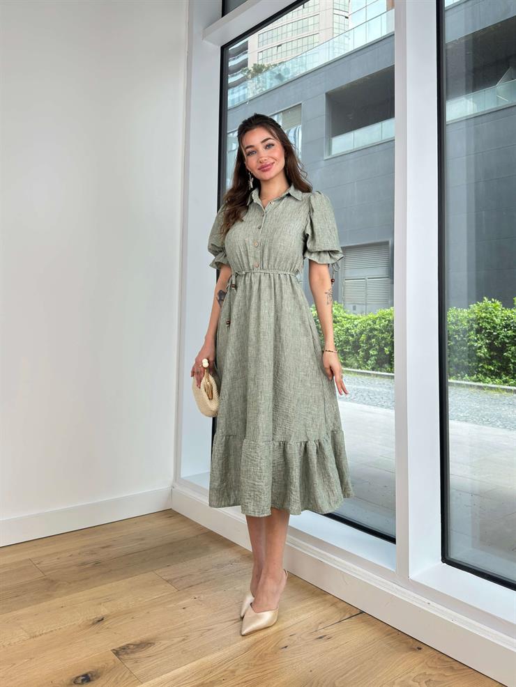 Kısa Balon Kol Önü Düğme Kapamalı Belden Bağcıklı Henda Kadın Mint Midi Elbise 24Y481