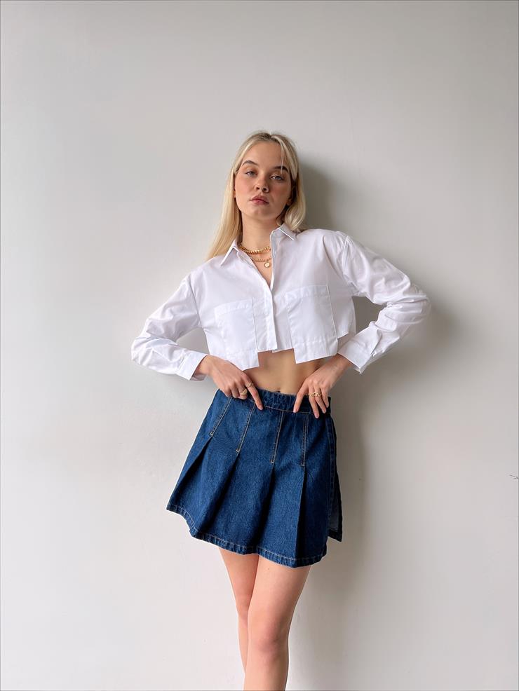 Front Pleated Henri Blue Short Skirt 23Y000244