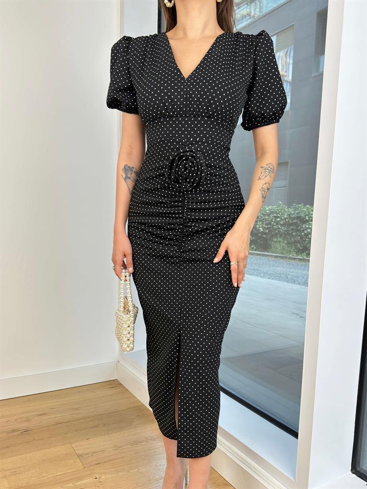 V Yaka Balon Kol Önü Drapeli Ve Aksesuarlı Henrik Kadın Siyah Midi Elbise 24Y672