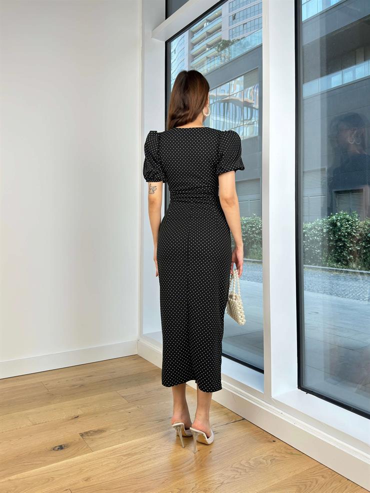 V Yaka Balon Kol Önü Drapeli Ve Aksesuarlı Henrik Kadın Siyah Midi Elbise 24Y672