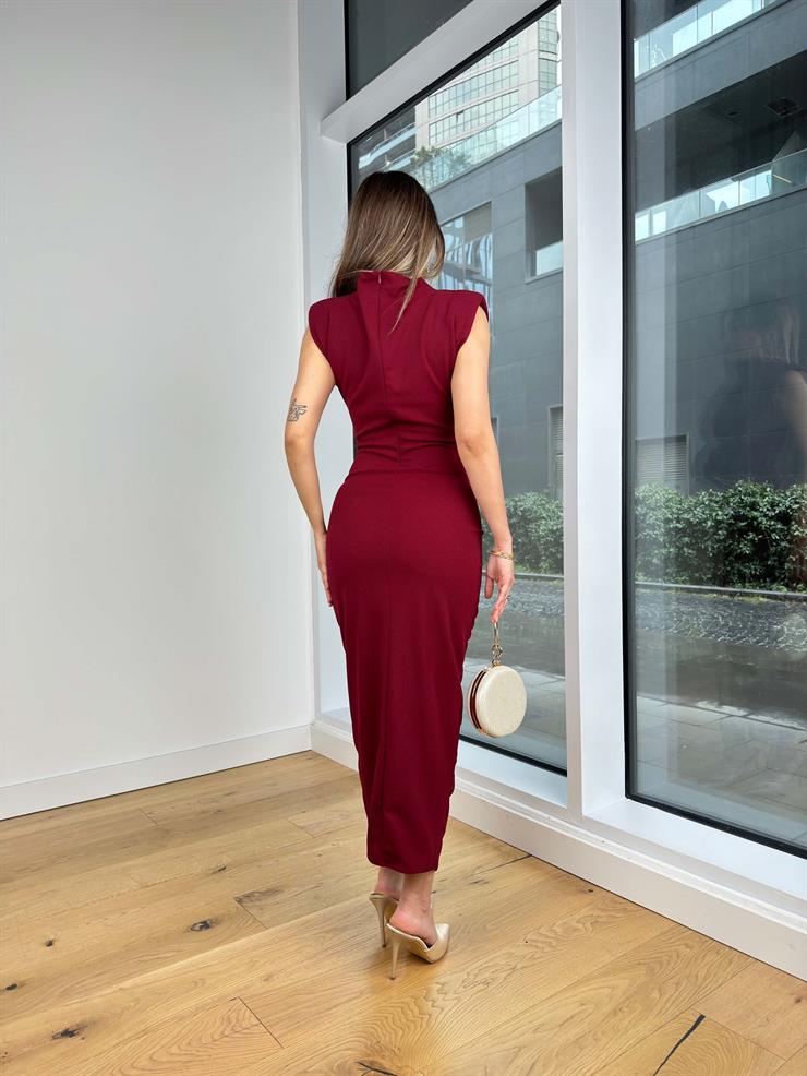 Yarım Boğazlı Drapeli Gül Detaylı Henrin Bordo Kadın Elbise 25K443