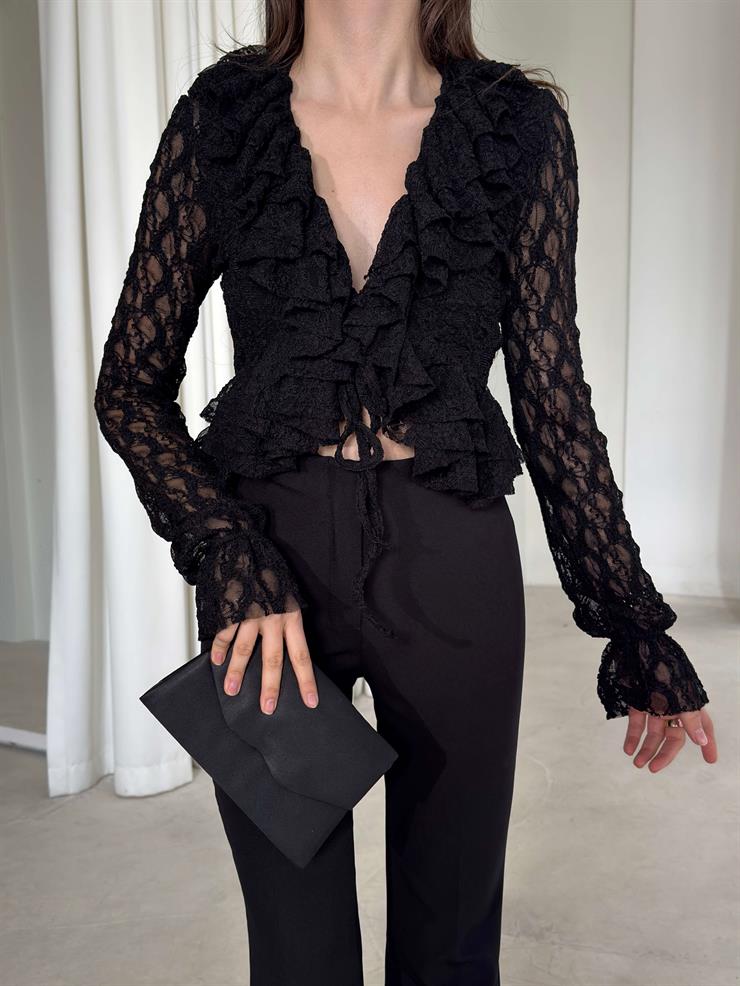 Önü Bağlamalı Fırfırlı Dantel Herina Siyah Kadın Bluz 26K380