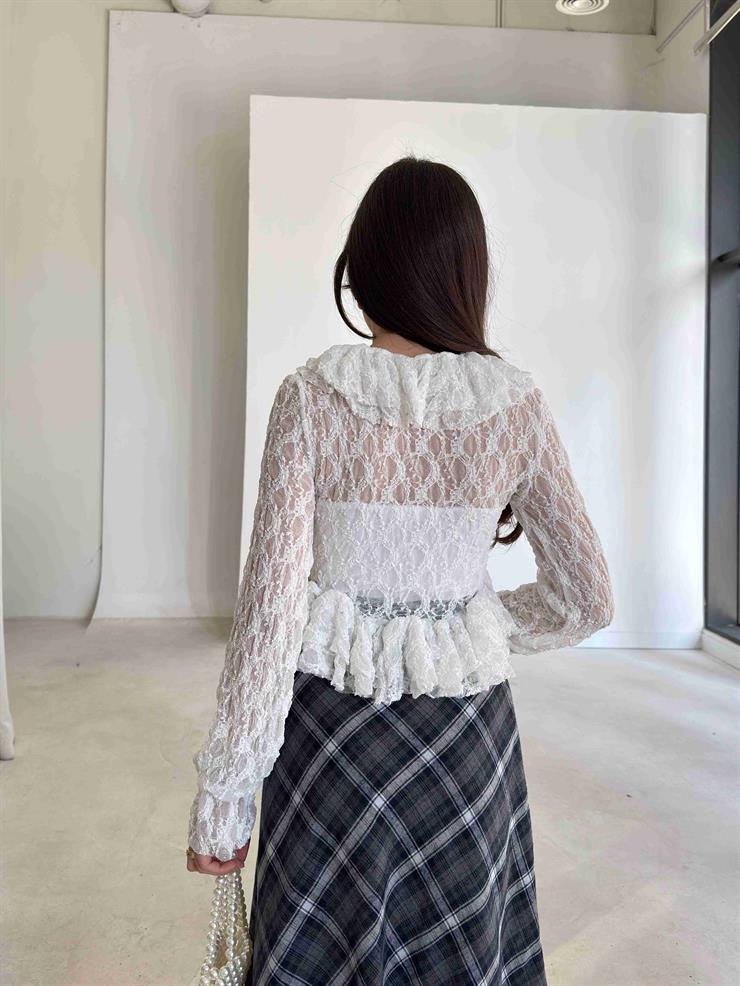 Önü Bağlamalı Fırfırlı Dantel Herina Ekru Kadın Bluz 26K380