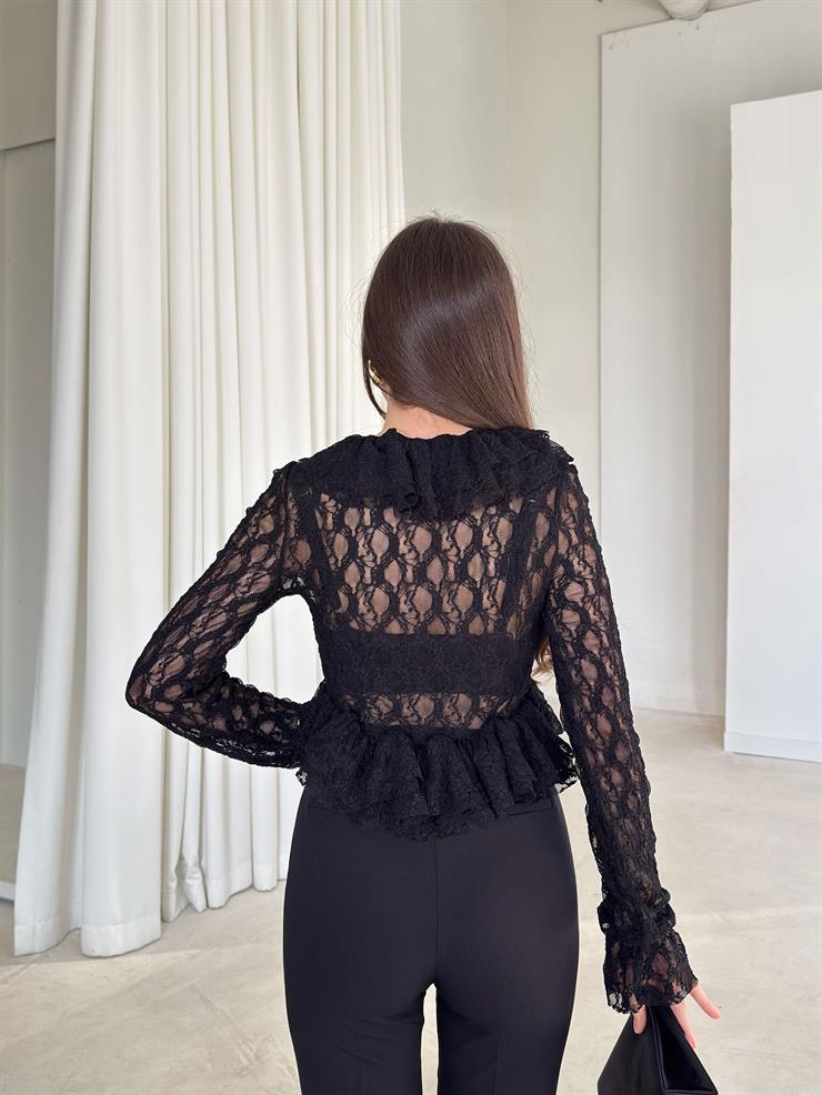 Önü Bağlamalı Fırfırlı Dantel Herina Siyah Kadın Bluz 26K380