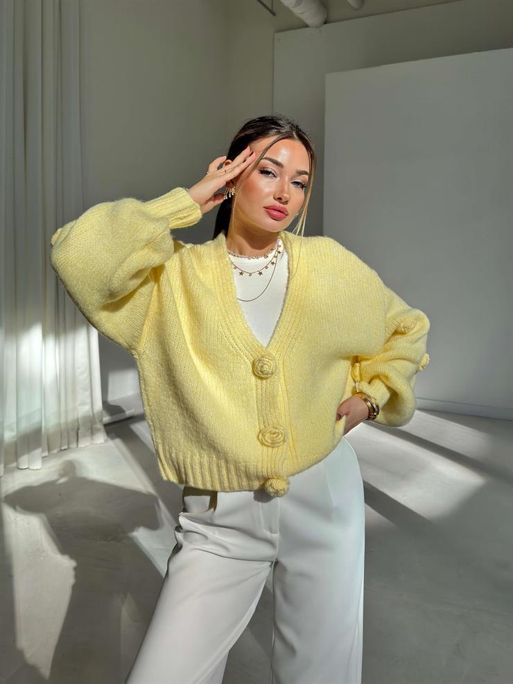 Güllü Önü Çıtçıtlı Herine Sarı Kadın Triko Hırka 26K172