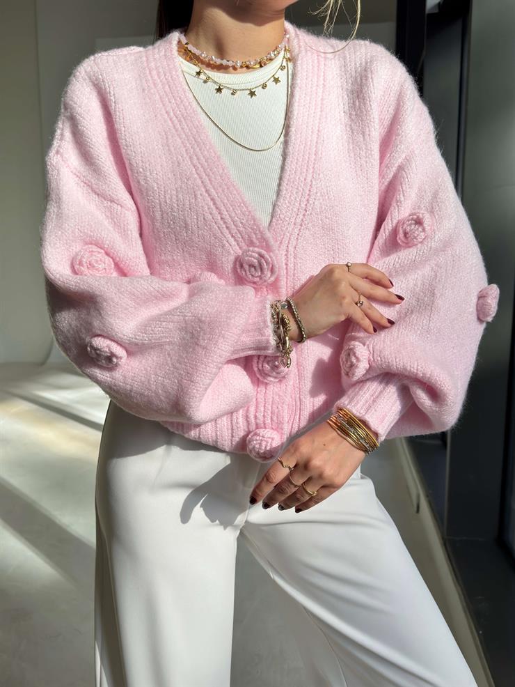 Güllü Önü Çıtçıtlı Herine Pembe Kadın Triko Hırka 26K172