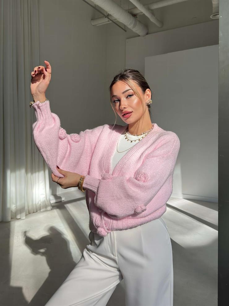 Güllü Önü Çıtçıtlı Herine Pembe Kadın Triko Hırka 26K172