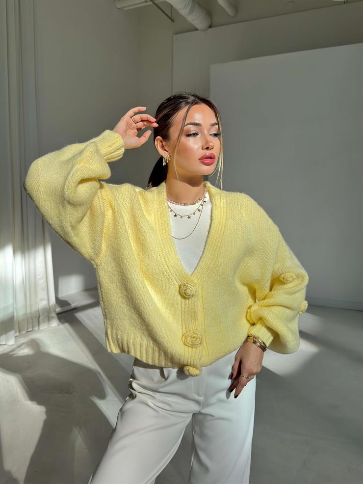 Güllü Önü Çıtçıtlı Herine Sarı Kadın Triko Hırka 26K172