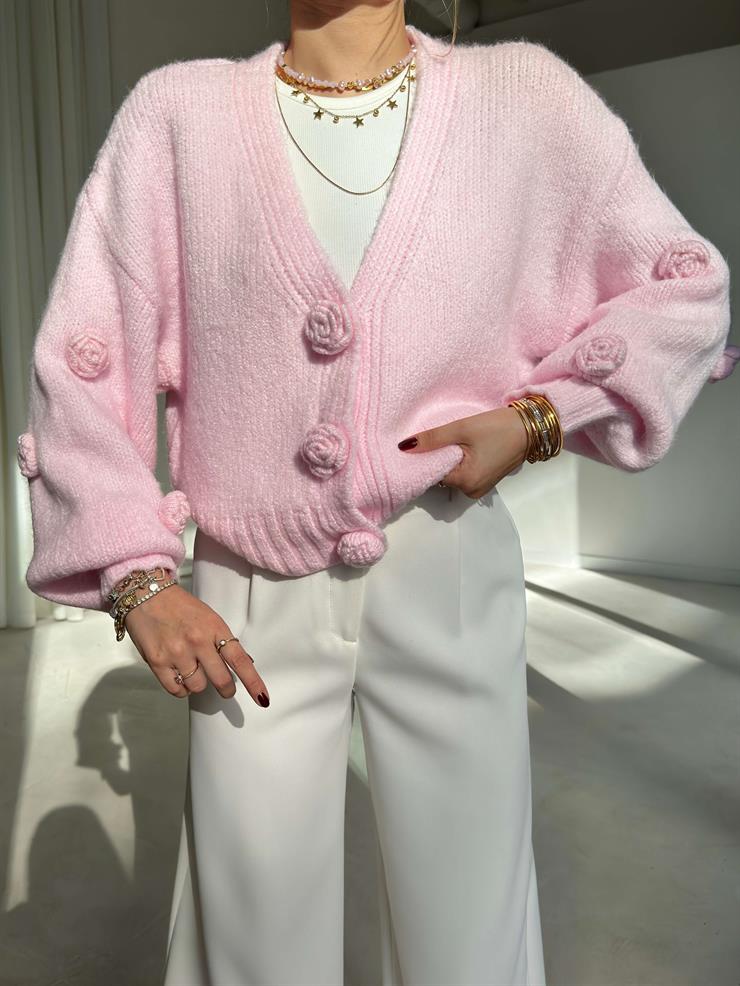 Güllü Önü Çıtçıtlı Herine Pembe Kadın Triko Hırka 26K172