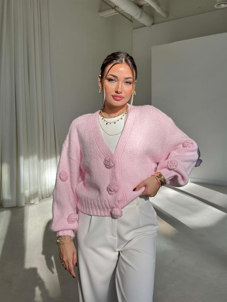 Güllü Önü Çıtçıtlı Herine Pembe Kadın Triko Hırka 26K172