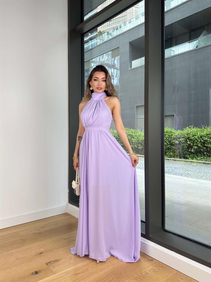 Halter Yaka Belden Oturtmalı Herlan Lila Kadın Elbise 25Y409