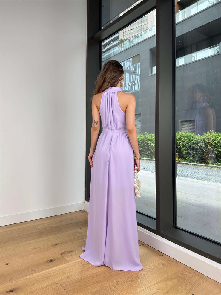 Halter Yaka Belden Oturtmalı Herlan Lila Kadın Elbise 25Y409