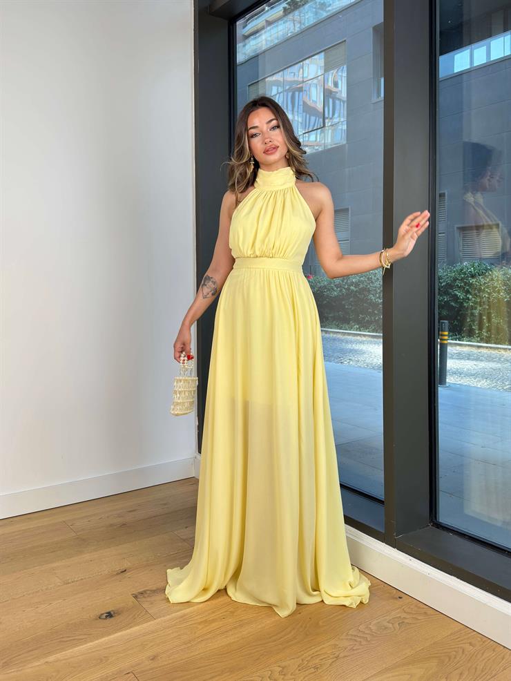 Halter Yaka Belden Oturtmalı Herlan Sarı Kadın Elbise 25Y409