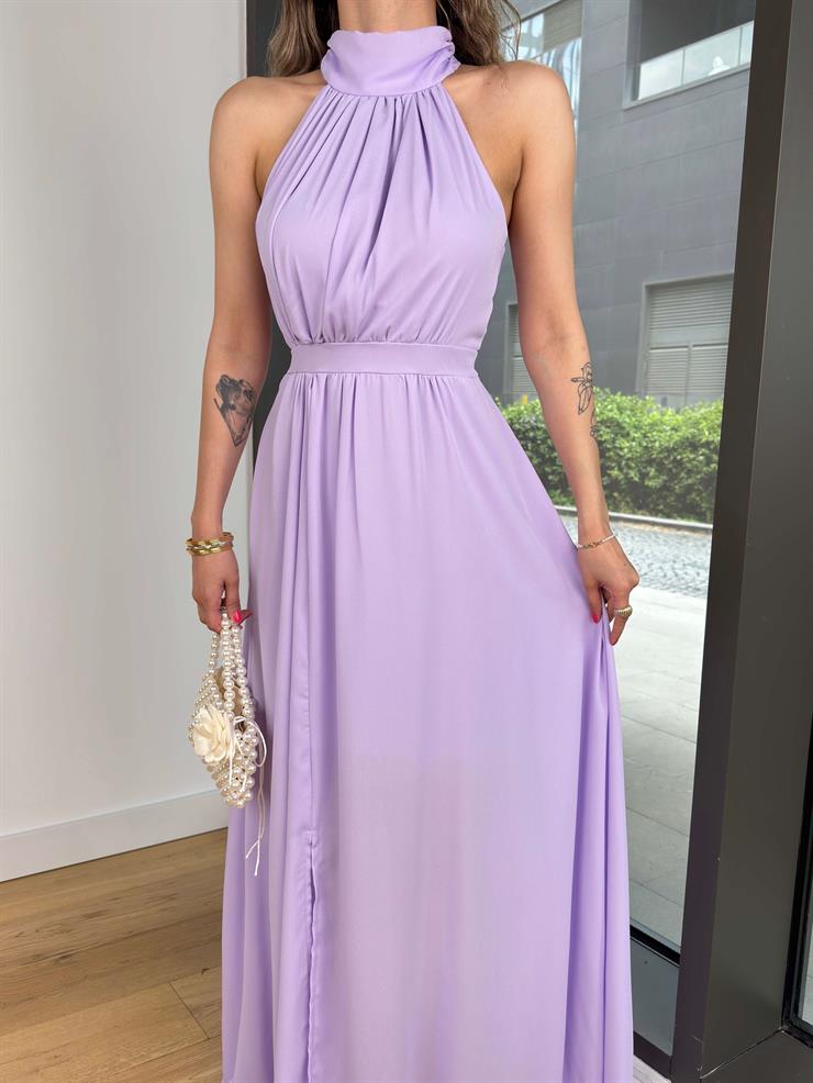 Halter Yaka Belden Oturtmalı Herlan Lila Kadın Elbise 25Y409