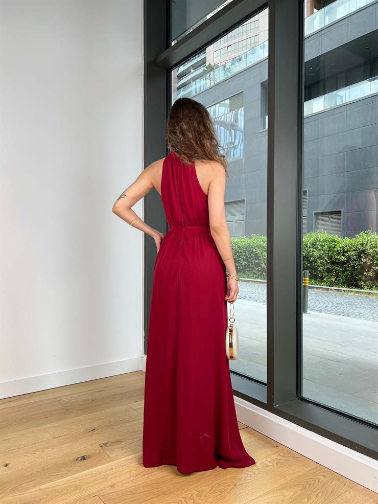 Halter Yaka Belden Oturtmalı Herlan Bordo Kadın Elbise 25Y409
