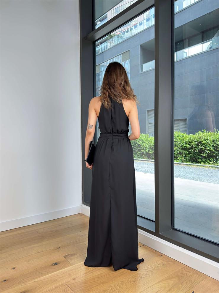 Halter Yaka Belden Oturtmalı Herlan Siyah Kadın Elbise 25Y409