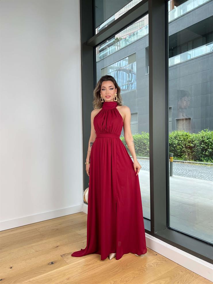 Halter Yaka Belden Oturtmalı Herlan Bordo Kadın Elbise 25Y409