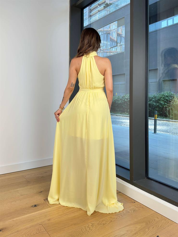 Halter Yaka Belden Oturtmalı Herlan Sarı Kadın Elbise 25Y409