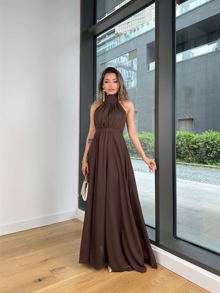 Halter Yaka Belden Oturtmalı Herlan Kahve Kadın Elbise 25Y409